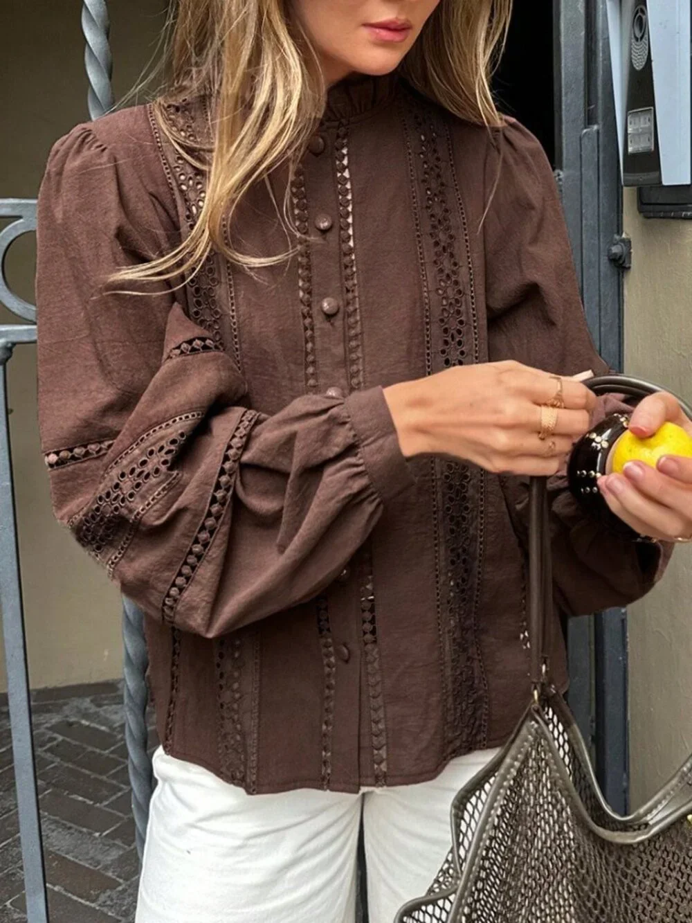 Coffee Brown Women's Casual 100%Cotton Shirt With Embroidery